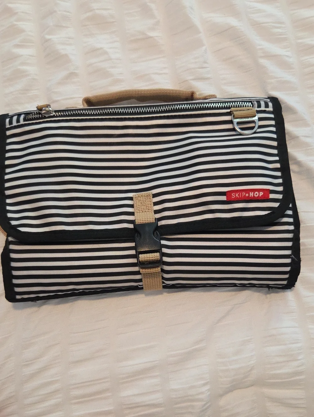 Skip Hop Black and White Striped Toiletry Bag with Tan Accent